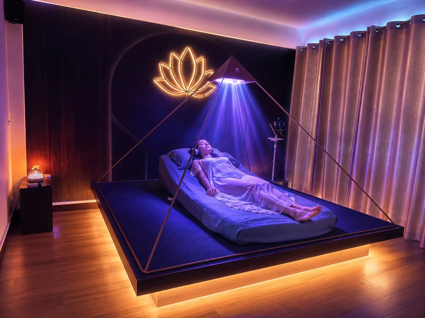 Light Mandalas Luminara Pyramid wellness room with lotus light and a guided session
