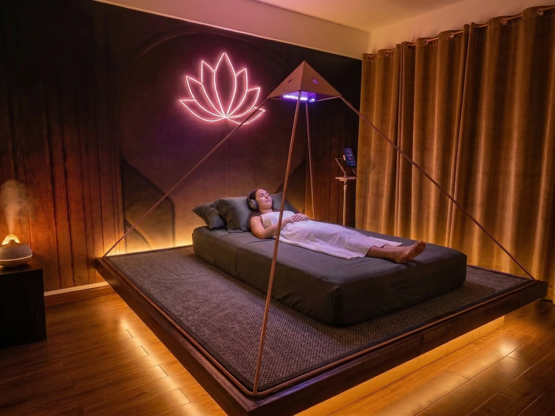 Guest resting inside a warm copper Luminara Pyramid wellness room
