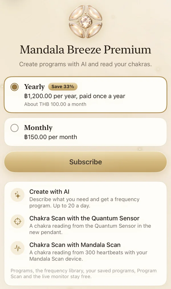 Mandala Breeze Premium screen in the app with yearly and monthly plans, Create with AI and two Chakra Scan options