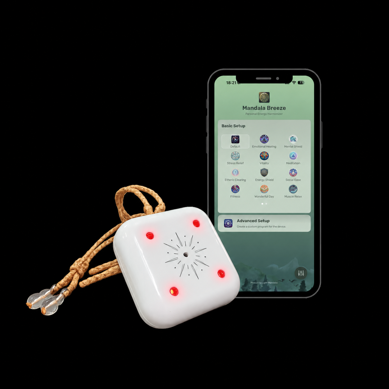 プログラム選択アプリを表示しているモバイル画面の横にある Mandala Breeze デバイス