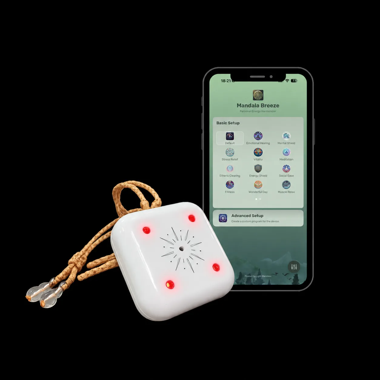Mandala Breeze device beside a mobile screen displaying its program selection app