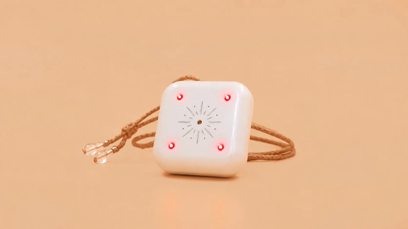 Mandala Breeze square white pendant illuminated with four red lights on a warm peach surface