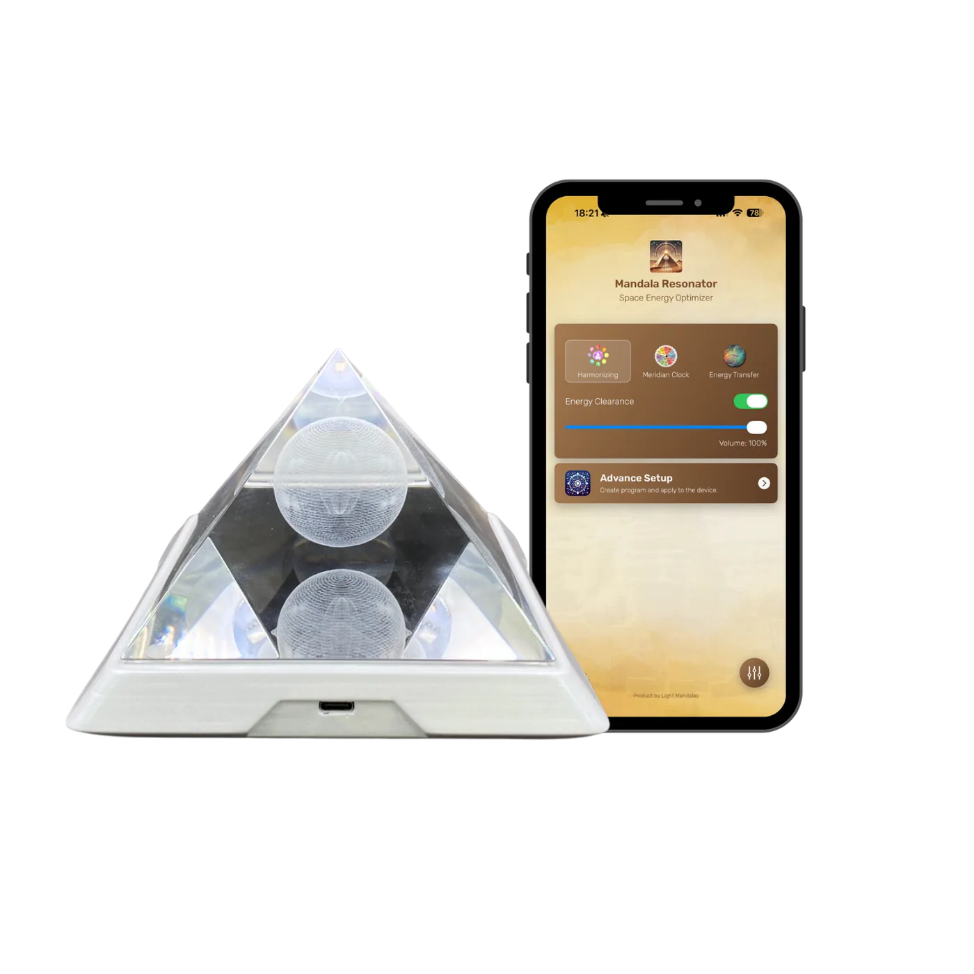 Mandala Resonator device beside its companion app program-selection screen