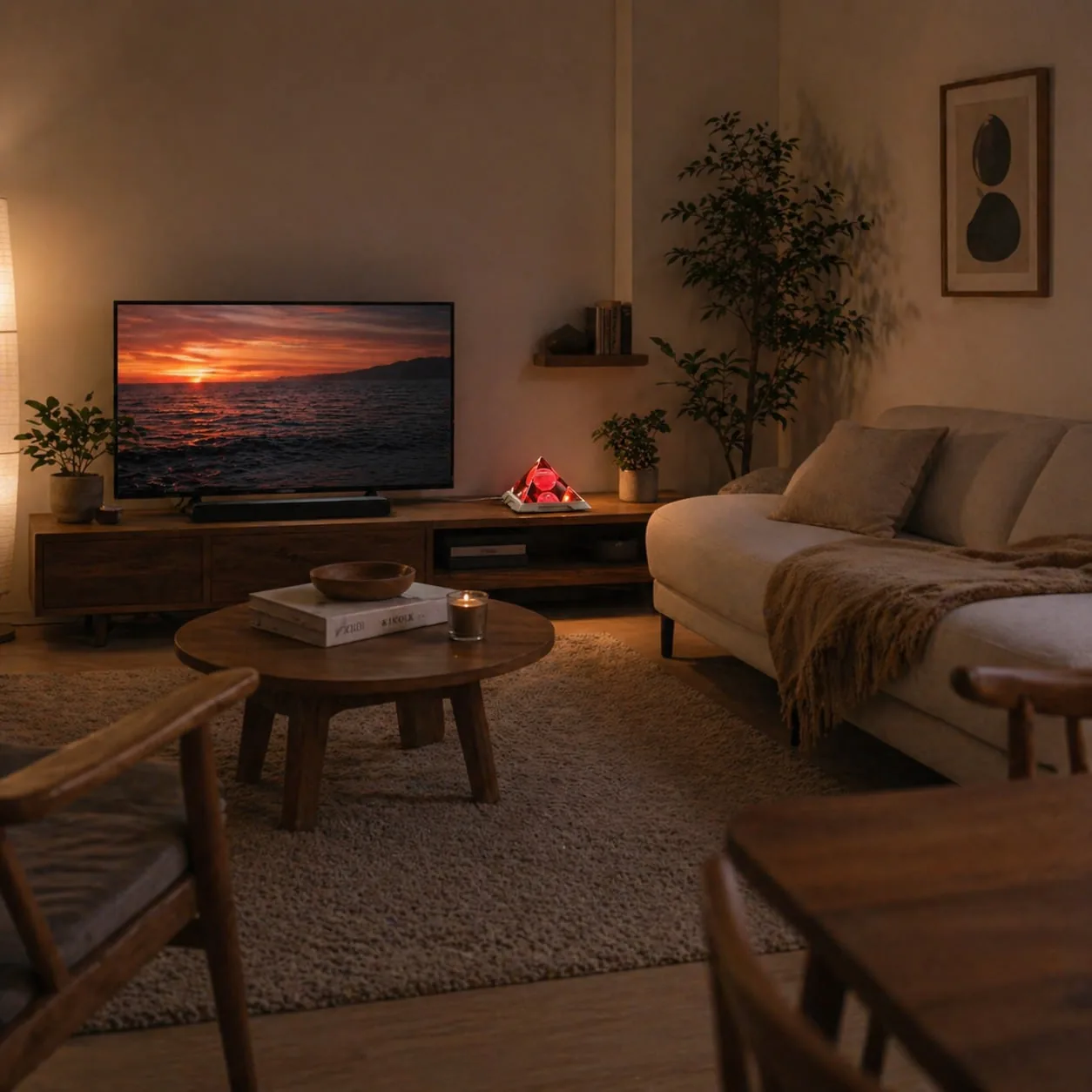 Warm living room at sunset with the Mandala Resonator glowing red on a media console