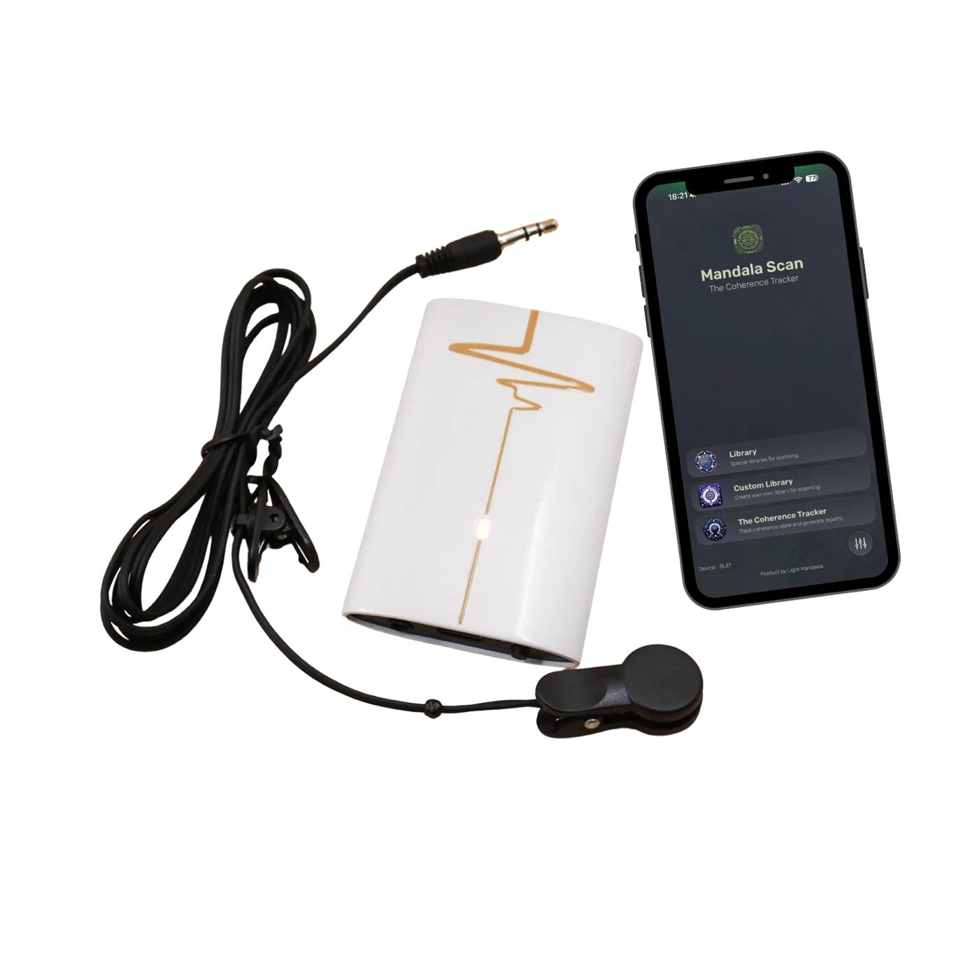Mandala Scan mobile application with the white coherence sensor and ear-clip accessory