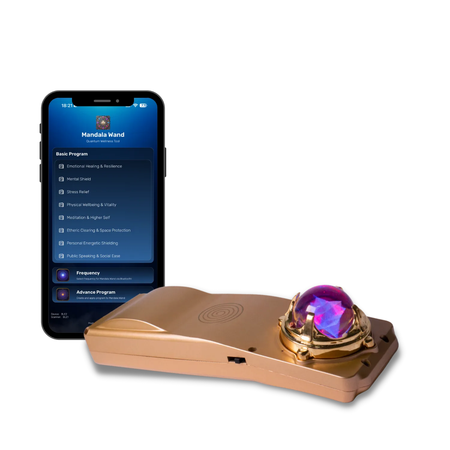 Mandala Wand device shown beside its companion application program selection screen
