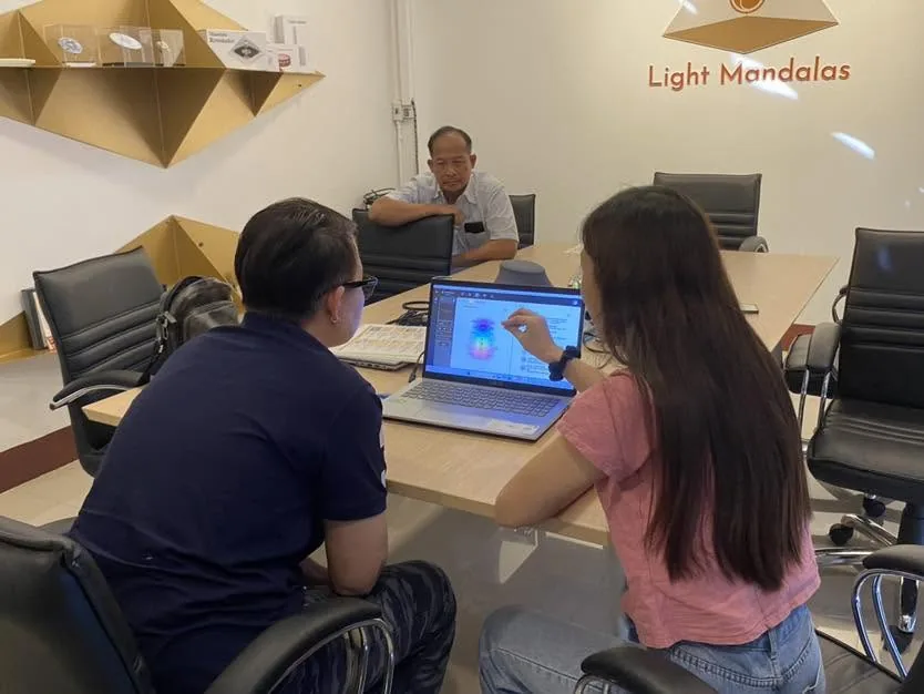 Light Mandalas practitioner consultation with Biomatrix-style scan visualization on a laptop