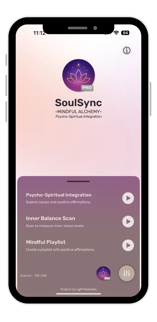SoulSync mobile application home screen with inner balance scan and mindful playlist options