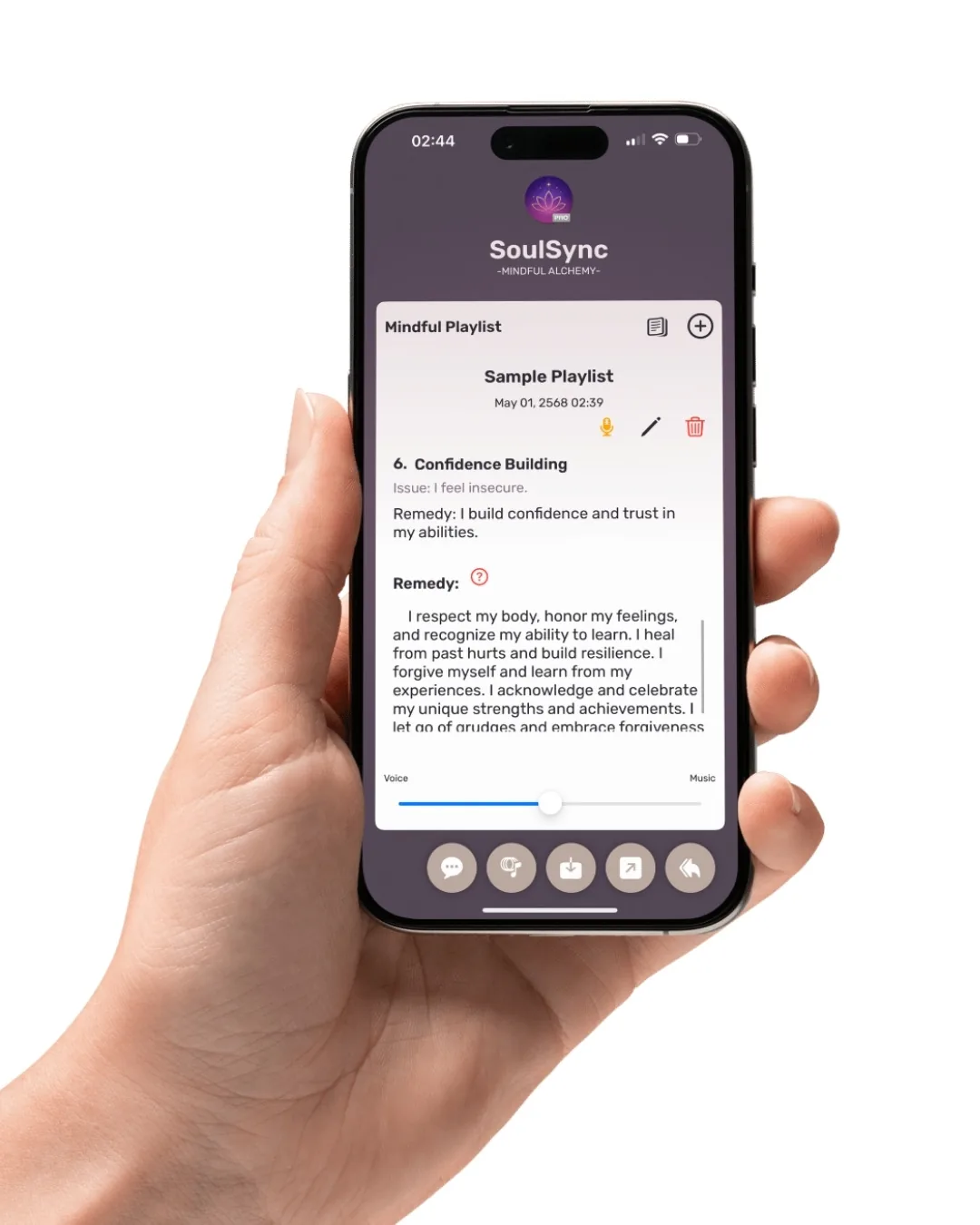 SoulSync mindful playlist screen with a confidence-building affirmation and voice controls