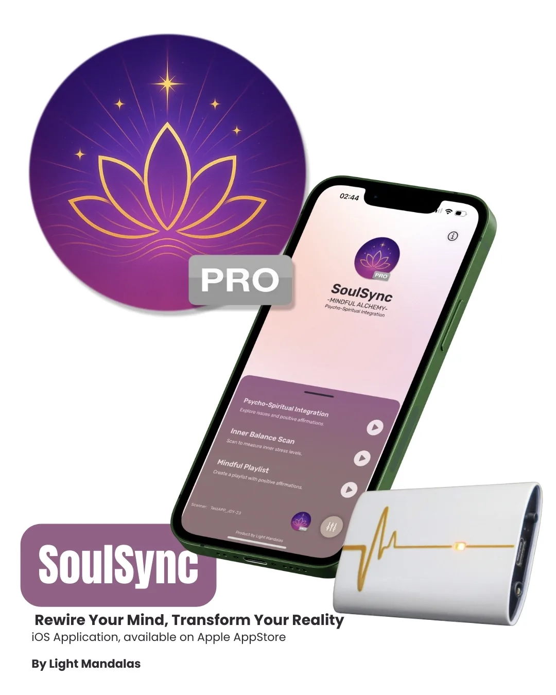 SoulSync application shown with its lotus identity and compatible Mandala Scan device