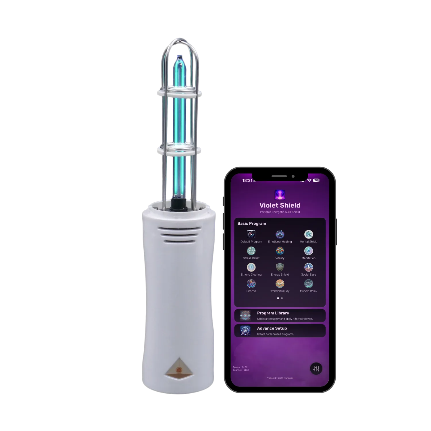 Violet Shield device beside its purple mobile application program screen